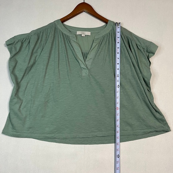 LOFT Green Cotton Peasant Blouse Split V-Neck Gauze Top - Size L - Picture 7 of 7